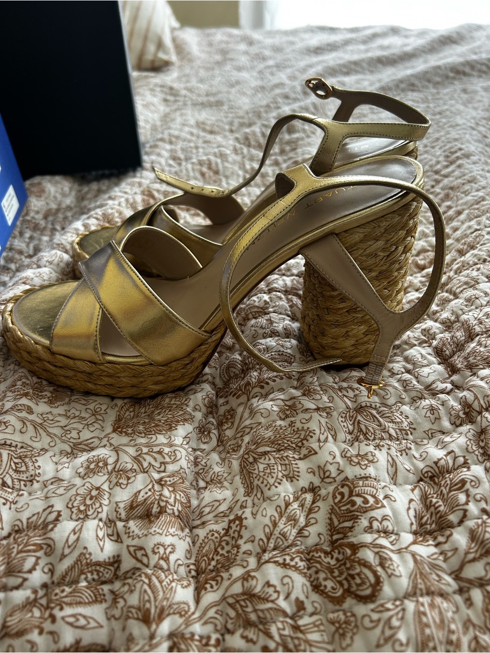 Stuart Weitzman Gold Braided Espadrille Platform Sandals